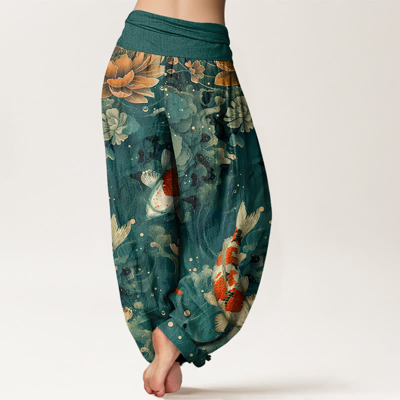 Haremshose für Damen mit elastischer Taille und Buddha Stones, bunte Koi-Fische und Lotusblumen-Design - image 1