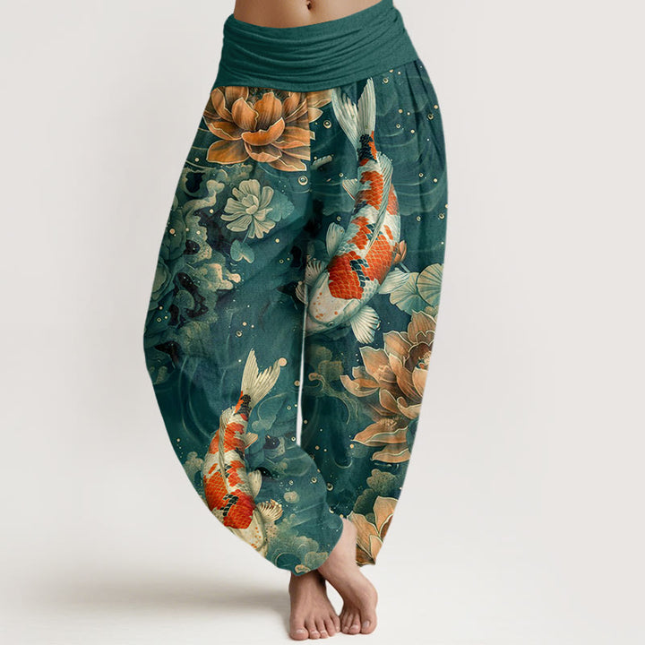 Haremshose für Damen mit elastischer Taille und Buddha Stones, bunte Koi-Fische und Lotusblumen-Design - Hellseegrün - US22, UK/AU26, EU54 (6XL) - image 0