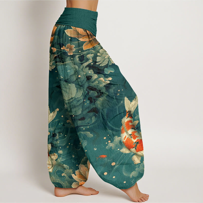 Haremshose für Damen mit elastischer Taille und Buddha Stones, bunte Koi-Fische und Lotusblumen-Design - image 2