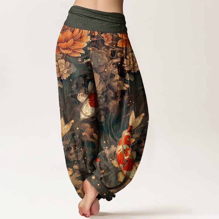 Haremshose für Damen mit elastischer Taille und Buddha Stones, bunte Koi-Fische und Lotusblumen-Design - image 5