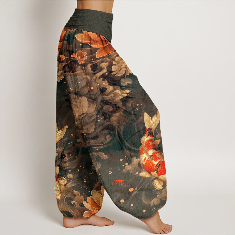 Haremshose für Damen mit elastischer Taille und Buddha Stones, bunte Koi-Fische und Lotusblumen-Design - image 6
