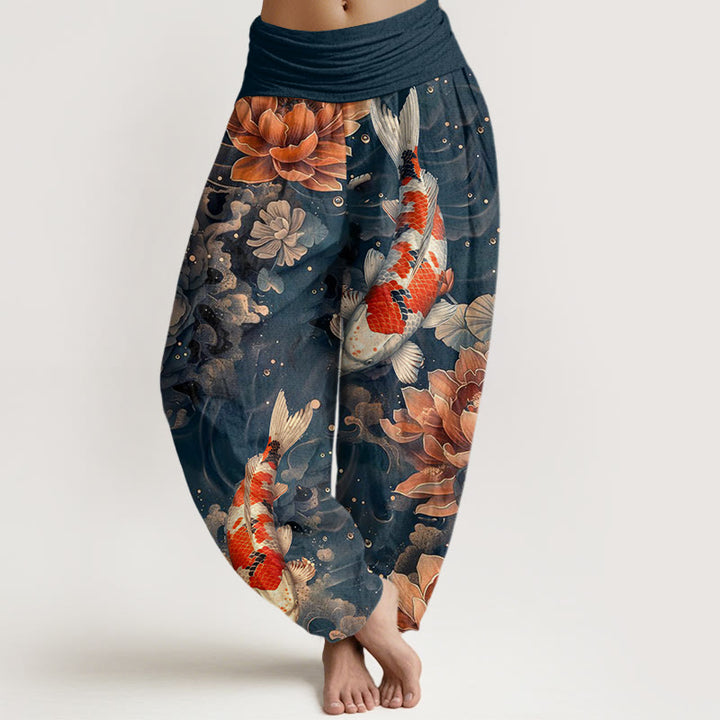 Haremshose für Damen mit elastischer Taille und Buddha Stones, bunte Koi-Fische und Lotusblumen-Design - Stahlblau - US22， UK/AU26，EU54 (6XL) - image 8