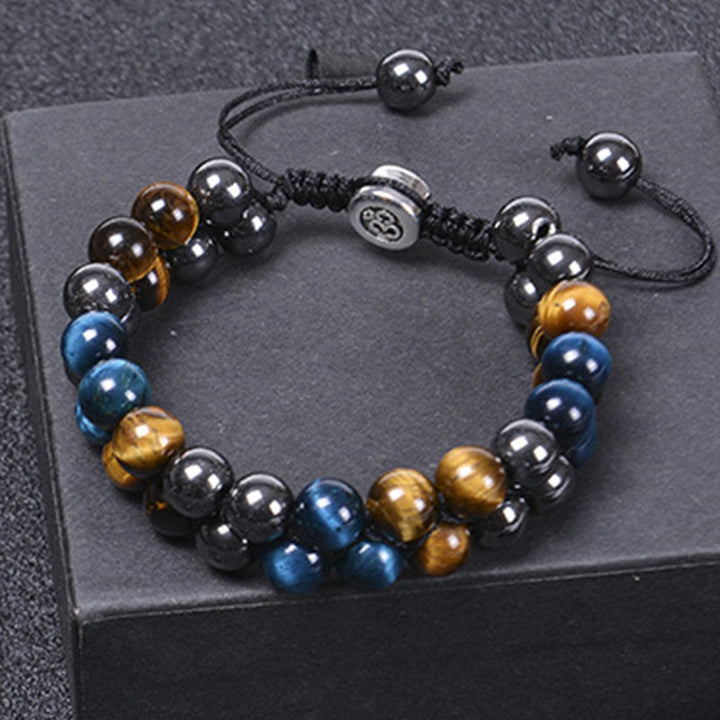 Buddha Stones Natürliches blaues Tigerauge Schwarzer Magnetit Om Muster Doppelreihige Perlen Stärke Armband