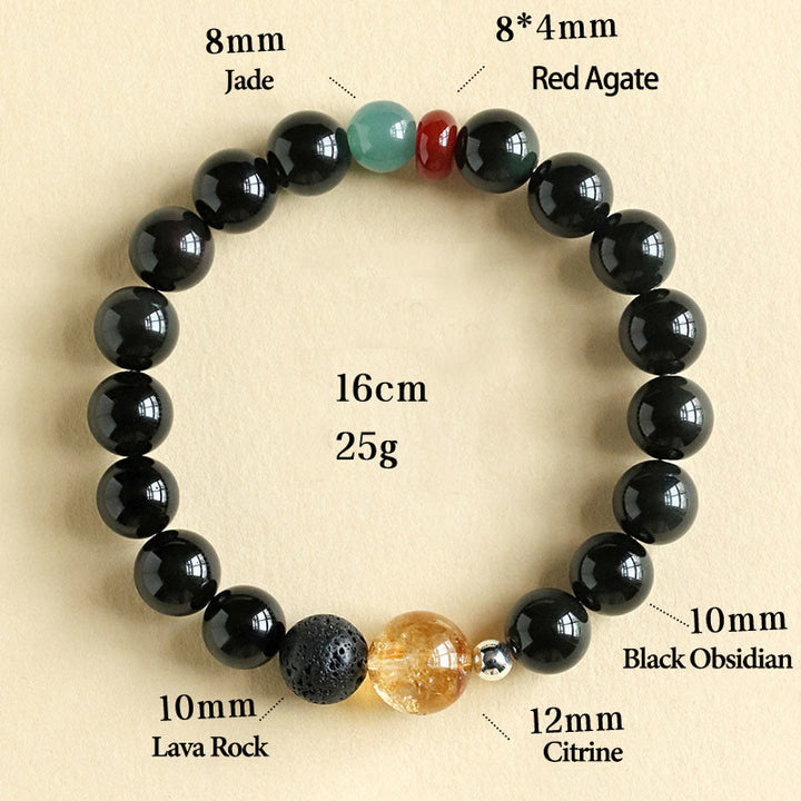 Buddha Stones Armband aus natürlichem schwarzem Obsidian mit Perlen für Kraft und Erfüllung