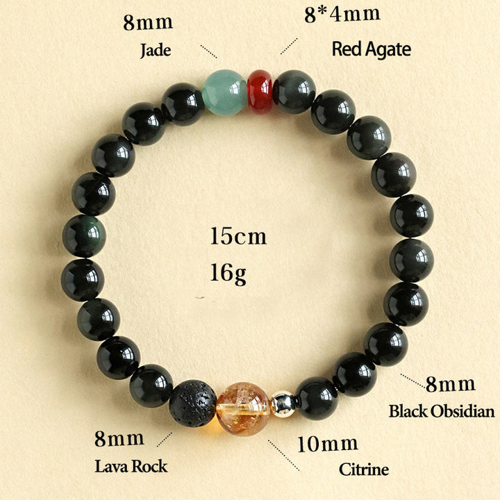 Buddha Stones Armband aus natürlichem schwarzem Obsidian mit Perlen für Kraft und Erfüllung