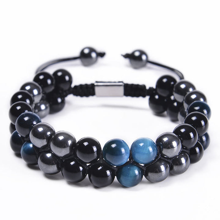 Buddha Stones Schutzarmband mit natürlichem blauem Tigerauge, schwarzem Magnetit und schwarzem Obsidian, zweireihige Perlen