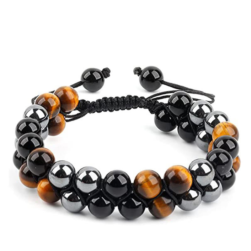 Buddha Stones Schutzarmband aus natürlichem Tigerauge, schwarzem Magnetit und schwarzem Onyx, zweireihige Perlen