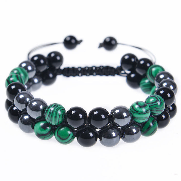 Buddha Stones Armband aus natürlichem Malachit, schwarzem Magnetit und schwarzem Obsidian, zweireihige Perlen, Anti-Angst-Armband