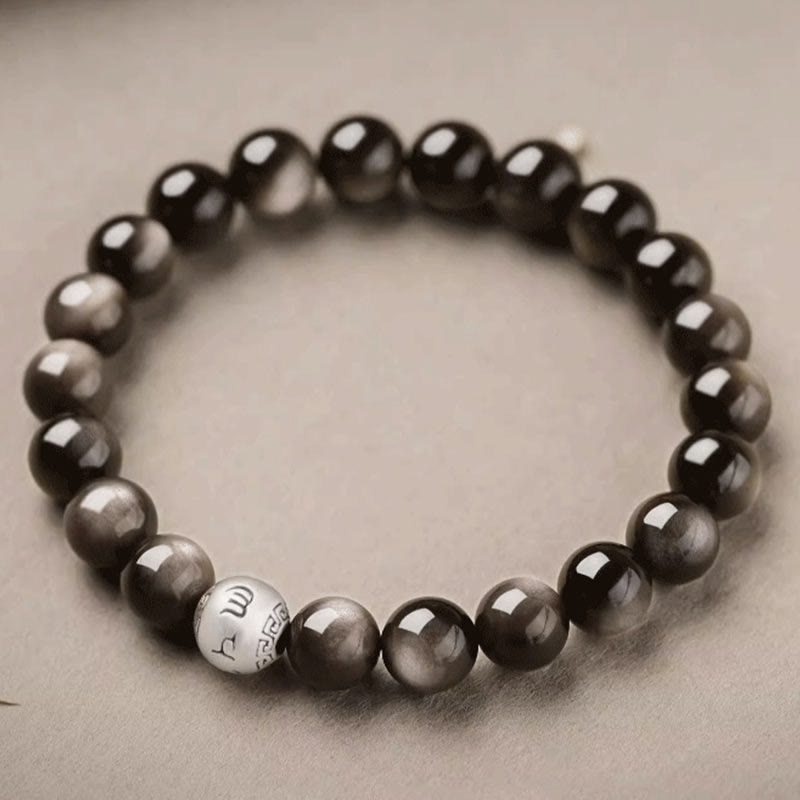 Buddha Stones, natürlicher Silberglanz, Obsidian, Om Mani Padme Hum, Schutzarmband