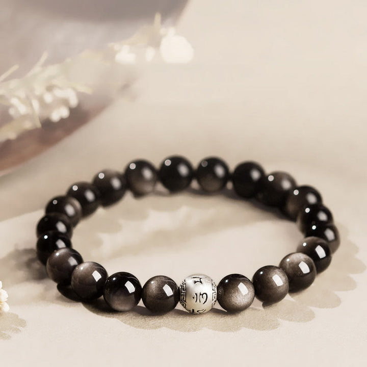 Buddha Stones, natürlicher Silberglanz, Obsidian, Om Mani Padme Hum, Schutzarmband