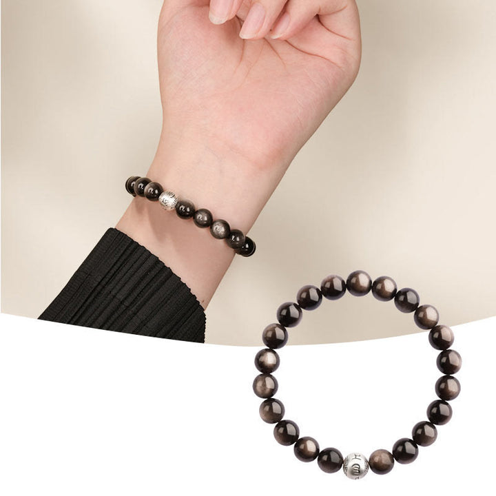 Buddha Stones, natürlicher Silberglanz, Obsidian, Om Mani Padme Hum, Schutzarmband