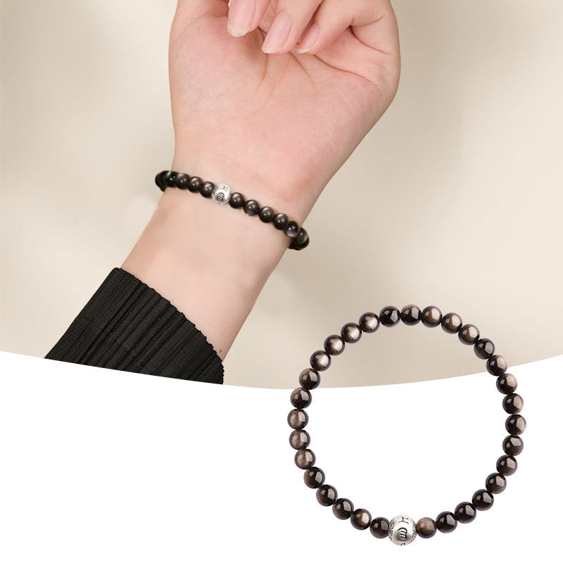 Buddha Stones, natürlicher Silberglanz, Obsidian, Om Mani Padme Hum, Schutzarmband