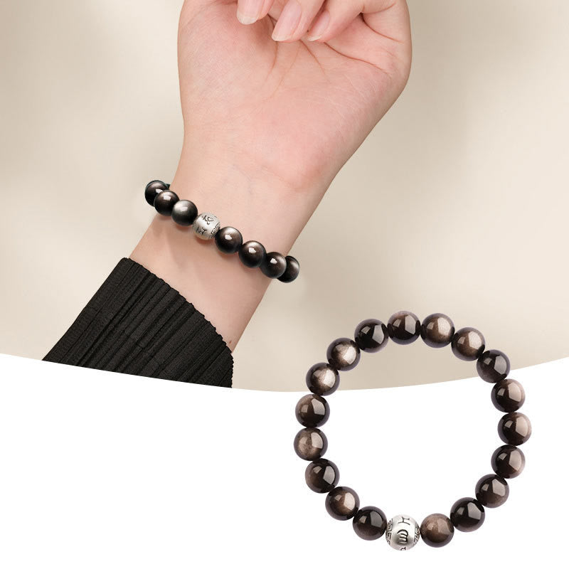 Buddha Stones, natürlicher Silberglanz, Obsidian, Om Mani Padme Hum, Schutzarmband