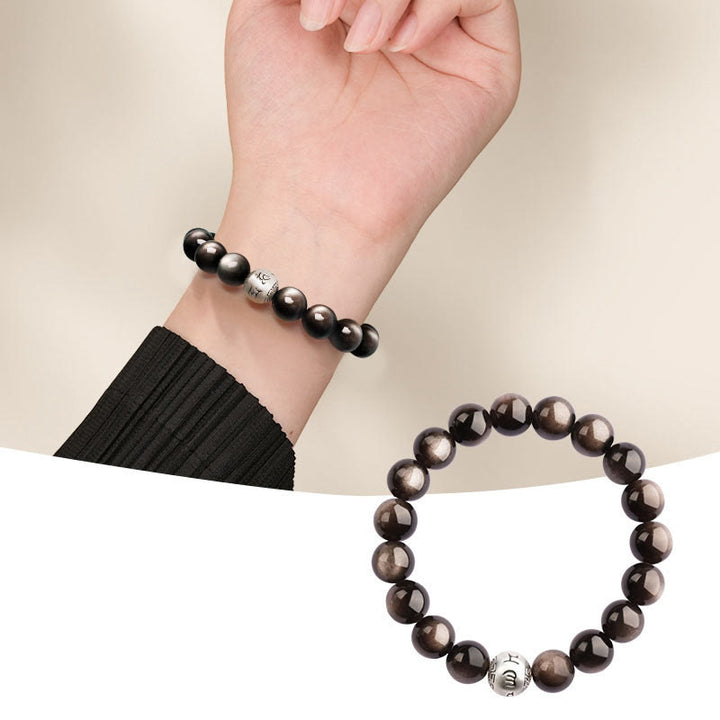 Buddha Stones, natürlicher Silberglanz, Obsidian, Om Mani Padme Hum, Schutzarmband