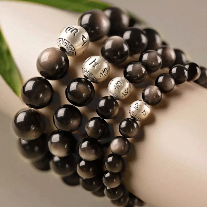 Buddha Stones, natürlicher Silberglanz, Obsidian, Om Mani Padme Hum, Schutzarmband