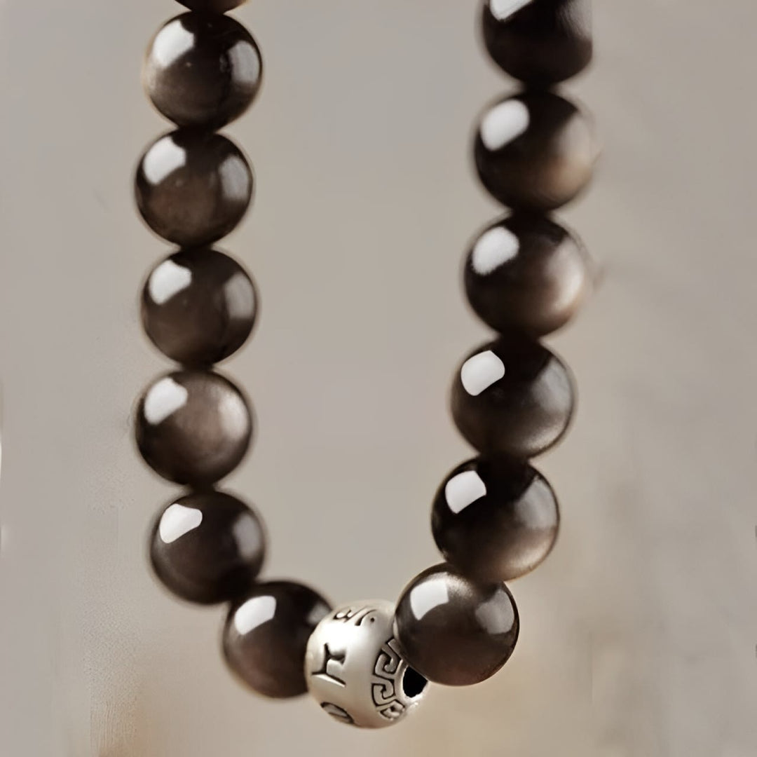 Buddha Stones, natürlicher Silberglanz, Obsidian, Om Mani Padme Hum, Schutzarmband