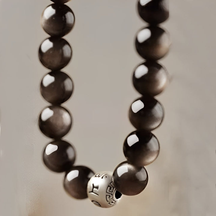 Buddha Stones, natürlicher Silberglanz, Obsidian, Om Mani Padme Hum, Schutzarmband