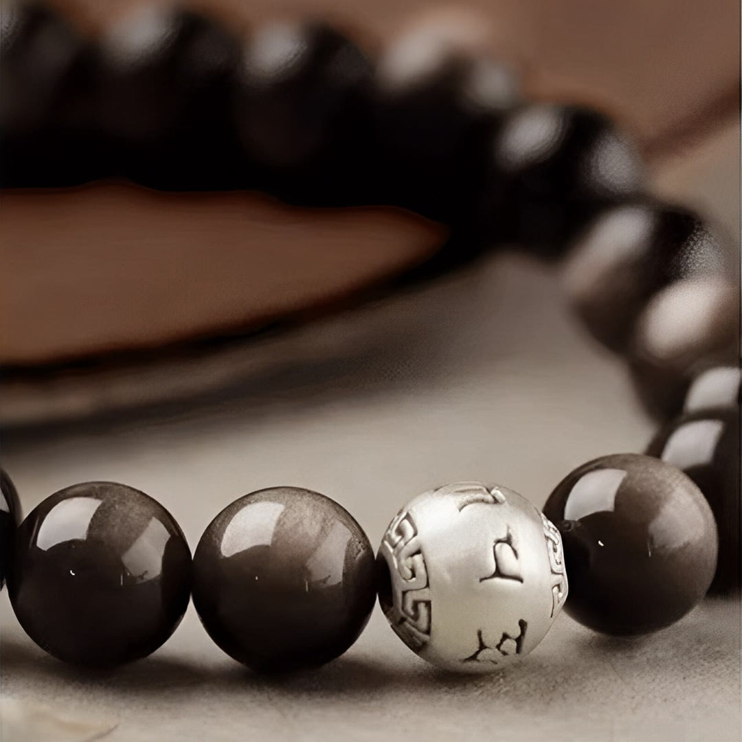 Buddha Stones, natürlicher Silberglanz, Obsidian, Om Mani Padme Hum, Schutzarmband