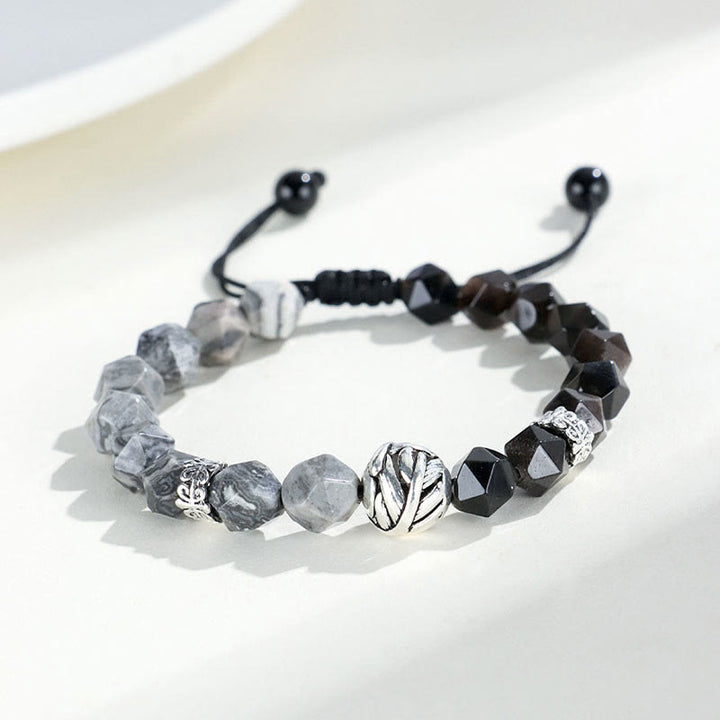 Buddha Stones Schutzarmband aus natürlichem, unregelmäßig geschliffenem Obsidian und grauem Jaspis aus 925er Sterlingsilber mit gerollten Blattperlen