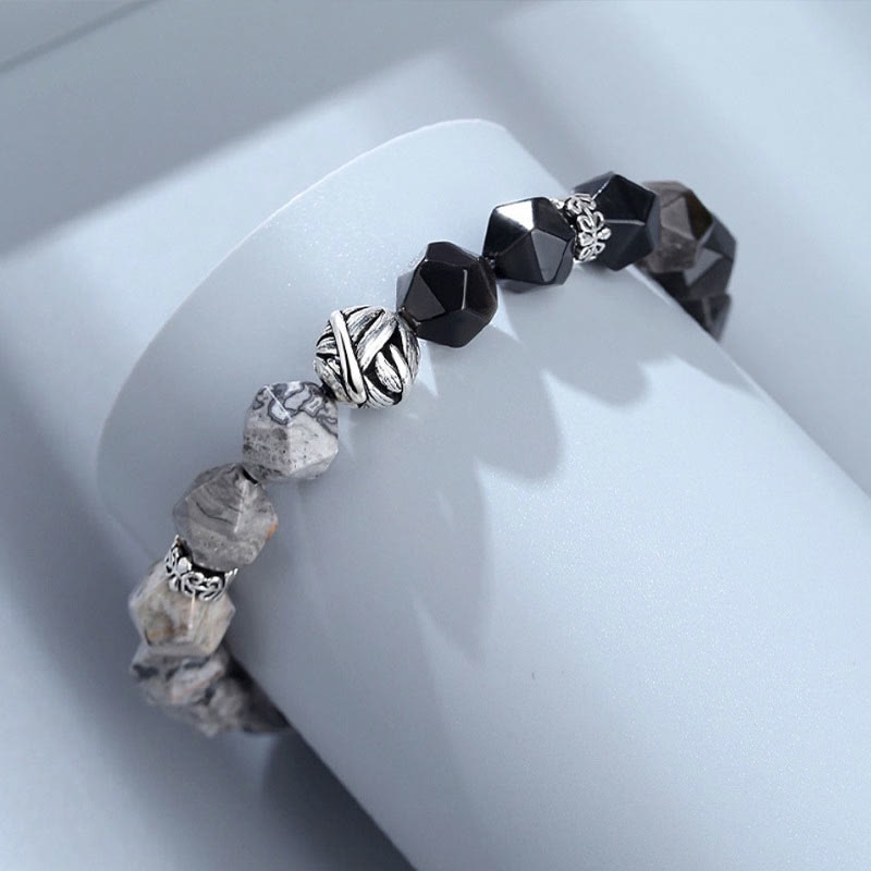 Buddha Stones Schutzarmband aus natürlichem, unregelmäßig geschliffenem Obsidian und grauem Jaspis aus 925er Sterlingsilber mit gerollten Blattperlen
