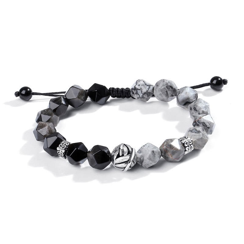 Buddha Stones Schutzarmband aus natürlichem, unregelmäßig geschliffenem Obsidian und grauem Jaspis aus 925er Sterlingsilber mit gerollten Blattperlen