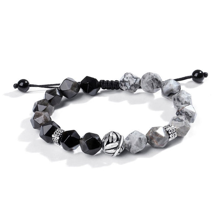 Buddha Stones Schutzarmband aus natürlichem, unregelmäßig geschliffenem Obsidian und grauem Jaspis aus 925er Sterlingsilber mit gerollten Blattperlen
