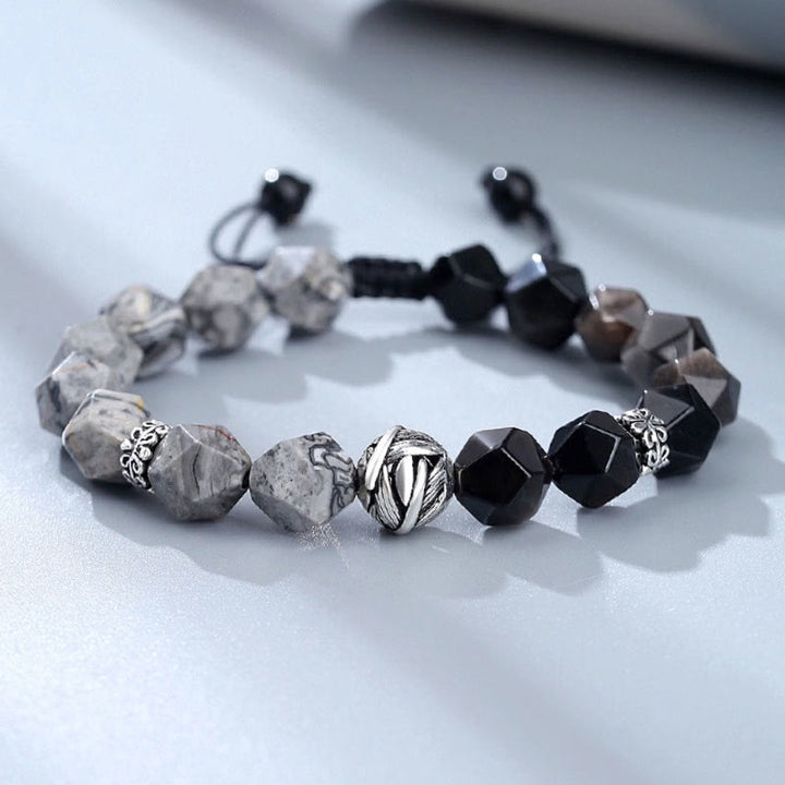 Buddha Stones Schutzarmband aus natürlichem, unregelmäßig geschliffenem Obsidian und grauem Jaspis aus 925er Sterlingsilber mit gerollten Blattperlen