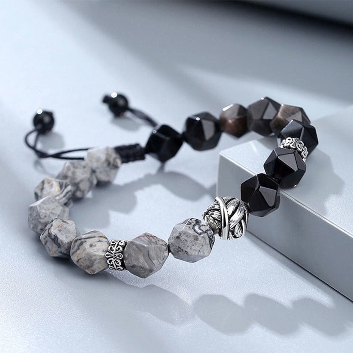 Buddha Stones Schutzarmband aus natürlichem, unregelmäßig geschliffenem Obsidian und grauem Jaspis aus 925er Sterlingsilber mit gerollten Blattperlen