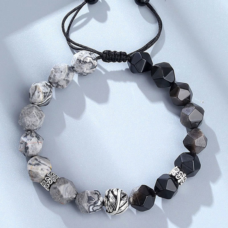 Buddha Stones Schutzarmband aus natürlichem, unregelmäßig geschliffenem Obsidian und grauem Jaspis aus 925er Sterlingsilber mit gerollten Blattperlen