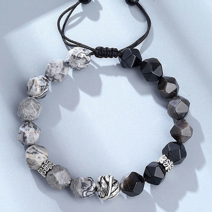 Buddha Stones Schutzarmband aus natürlichem, unregelmäßig geschliffenem Obsidian und grauem Jaspis aus 925er Sterlingsilber mit gerollten Blattperlen