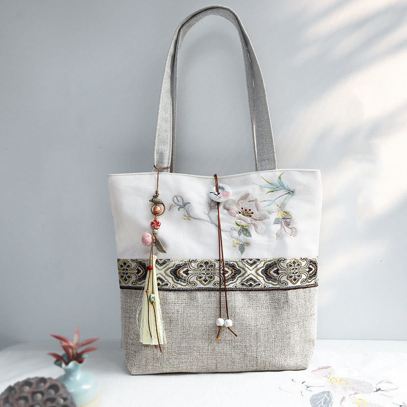 Buddha Stones Magnolia Stickerei Canvas Polyester Schultertasche