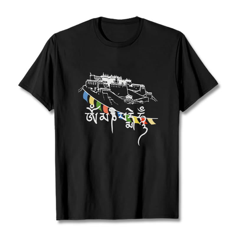 Buddha Stones ​​Potala Palast Om Mani Padme Hum Gebetsfahnen Baumwolle T T-shirt - Schwarz - 2XL - image 4