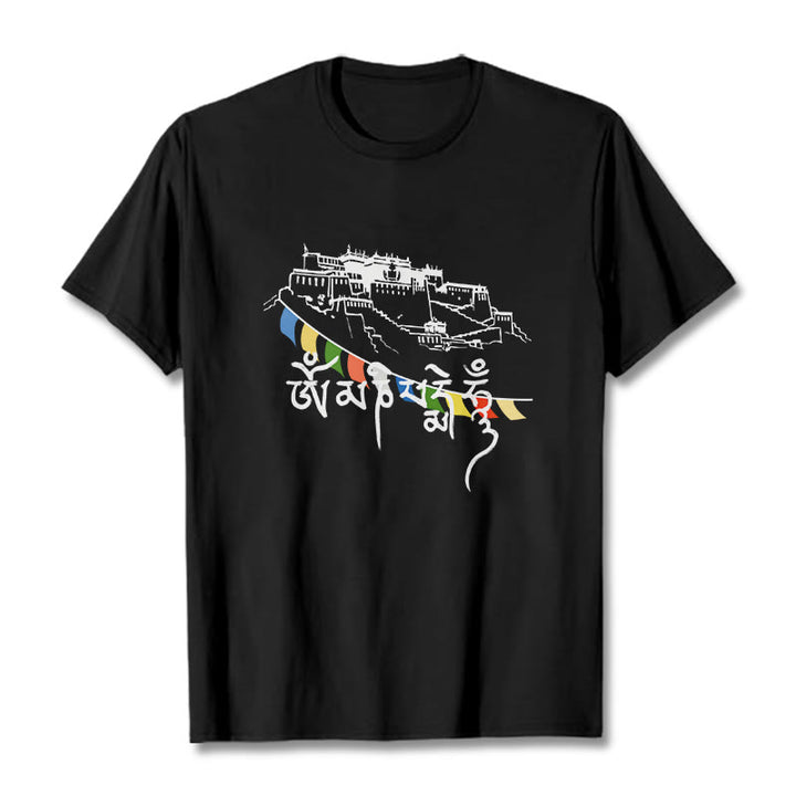 Buddha Stones ​​Potala Palast Om Mani Padme Hum Gebetsfahnen Baumwolle T T-shirt - Schwarz - 2XL - image 4