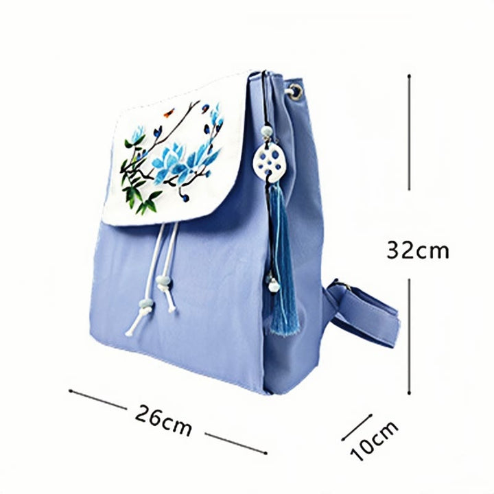 Buddha Stones Handgemachter Canvas-Rucksack mit blauer Magnolienstickerei und großer Kapazität