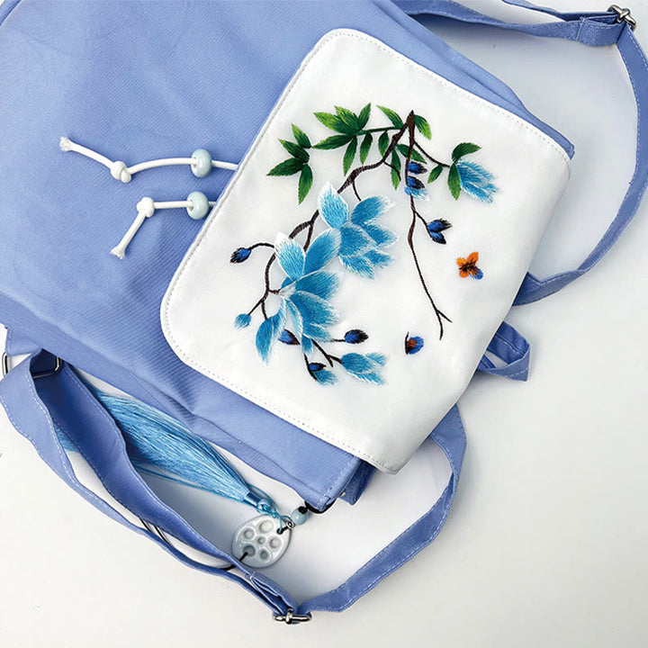 Buddha Stones Handgemachter Canvas-Rucksack mit blauer Magnolienstickerei und großer Kapazität