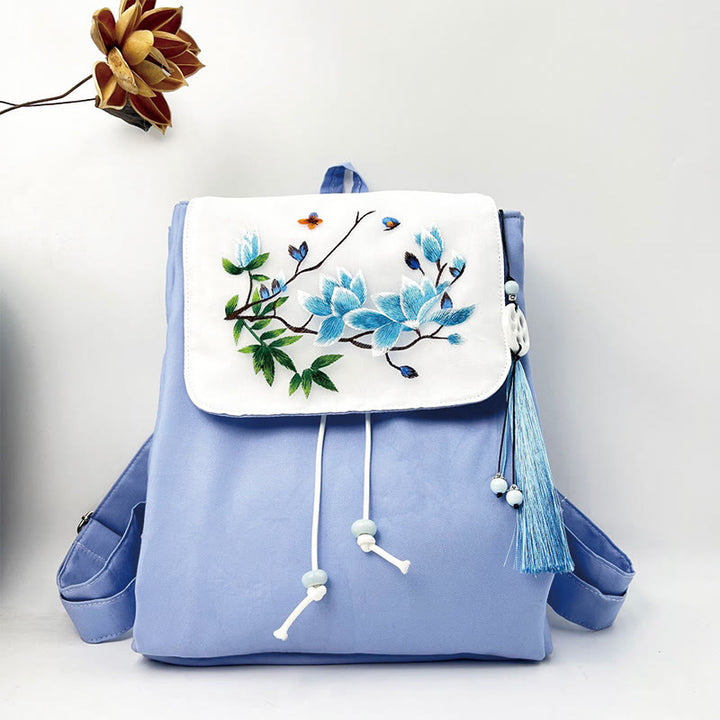Buddha Stones Handgemachter Canvas-Rucksack mit blauer Magnolienstickerei und großer Kapazität