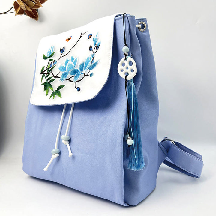 Buddha Stones Handgemachter Canvas-Rucksack mit blauer Magnolienstickerei und großer Kapazität
