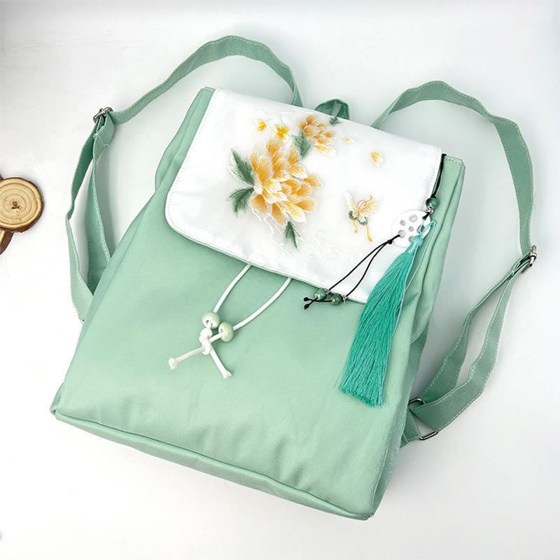 Buddha Stones Handgemachter Canvas-Rucksack mit grüner Pfingstrose und bestickten Blumen, großer Kapazität