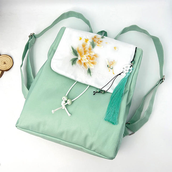 Buddha Stones Handgemachter Canvas-Rucksack mit grüner Pfingstrose und bestickten Blumen, großer Kapazität