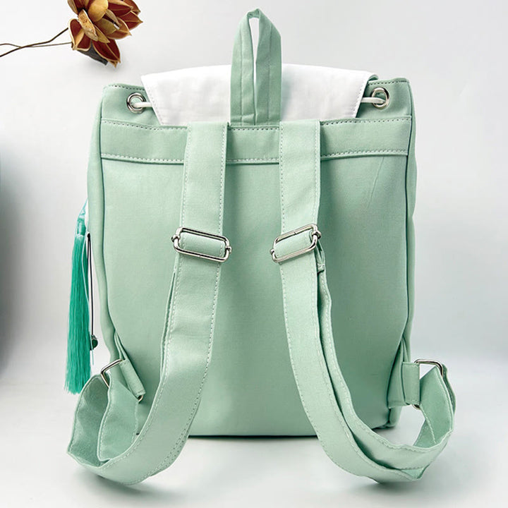 Buddha Stones Handgemachter Canvas-Rucksack mit grüner Pfingstrose und bestickten Blumen, großer Kapazität