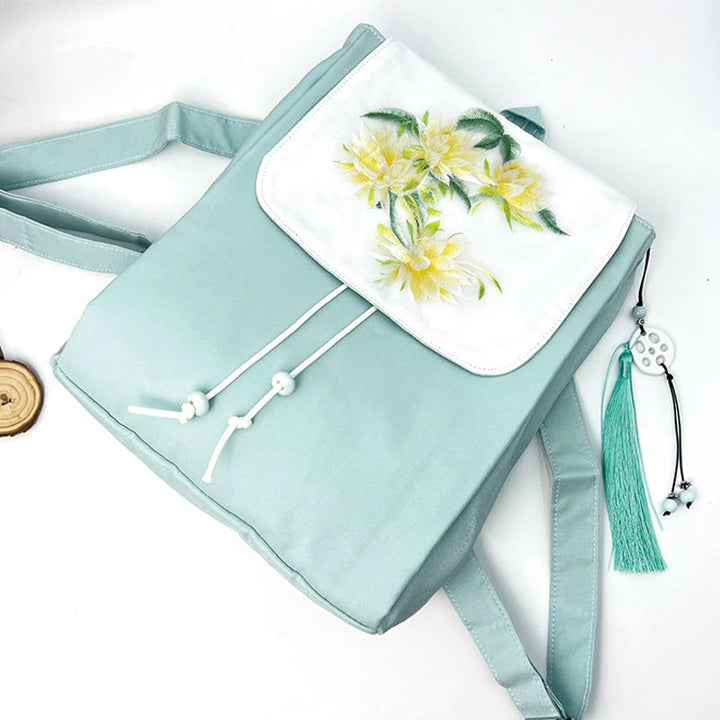 Handgemachter Canvas-Rucksack mit Buddha Stones und blauer Epiphyllum-Stickerei, große Kapazität