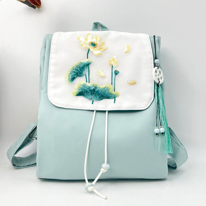 Handgemachter Canvas-Rucksack mit Buddha Stones und blauer Lotus-Stickerei, große Kapazität