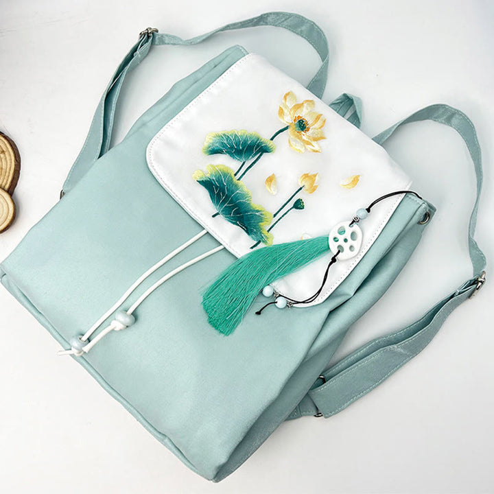 Handgemachter Canvas-Rucksack mit Buddha Stones und blauer Lotus-Stickerei, große Kapazität