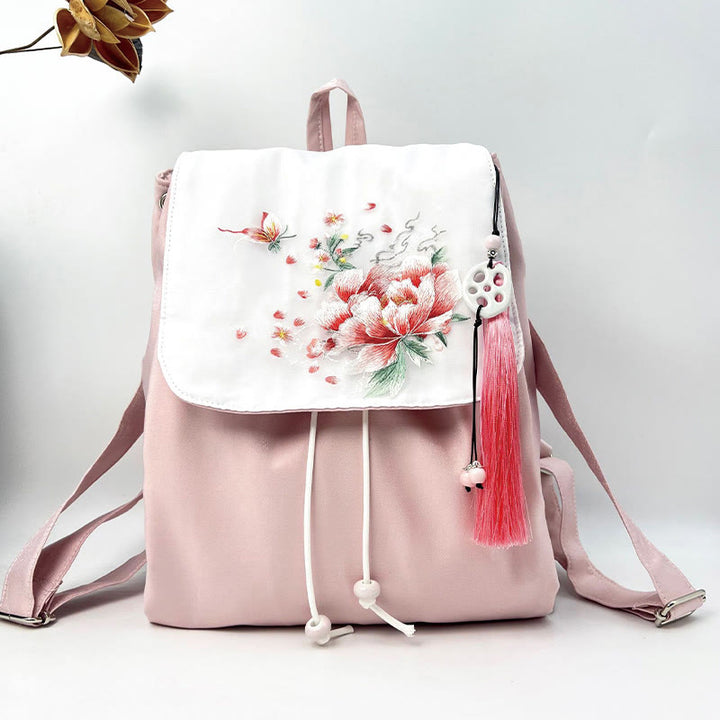 Buddha Stones Handgemachter Canvas-Rucksack mit rosa Pfingstrosen-Blumenstickerei und großer Kapazität