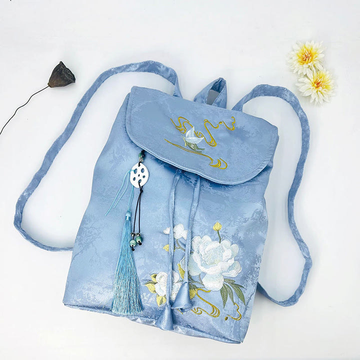 Buddha Stones Handgefertigter Rucksack aus Polyester-Baumwolle mit blauer Kamelie-Stickerei und großer Kapazität