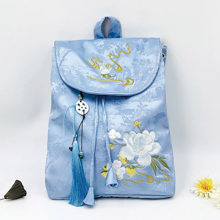 Buddha Stones Handgefertigter Rucksack aus Polyester-Baumwolle mit blauer Kamelie-Stickerei und großer Kapazität
