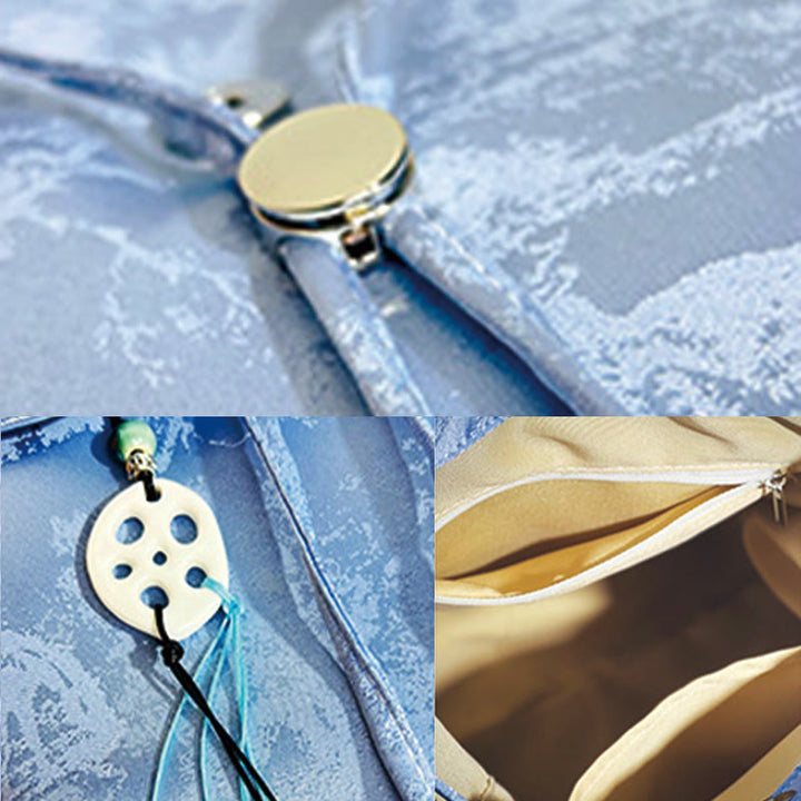 Buddha Stones Handgefertigter Rucksack aus Polyester-Baumwolle mit blauer Kamelie-Stickerei und großer Kapazität