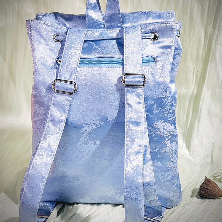 Buddha Stones Handgefertigter Rucksack aus Polyester-Baumwolle mit blauer Kamelie-Stickerei und großer Kapazität