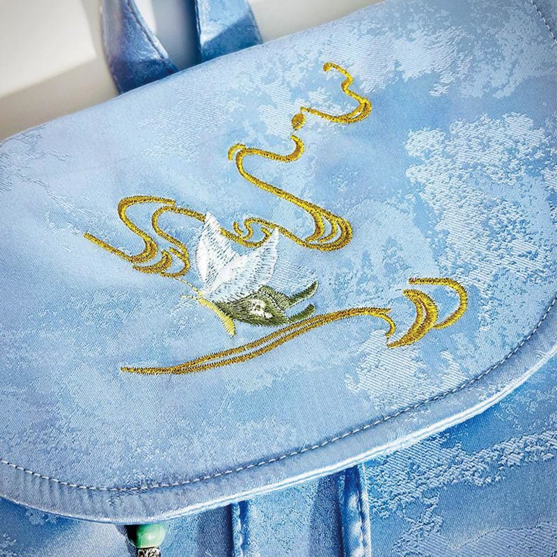 Buddha Stones Handgefertigter Rucksack aus Polyester-Baumwolle mit blauer Kamelie-Stickerei und großer Kapazität