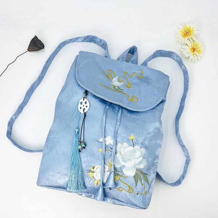 Buddha Stones Handgefertigter Rucksack aus Polyester-Baumwolle mit blauer Kamelie-Stickerei und großer Kapazität